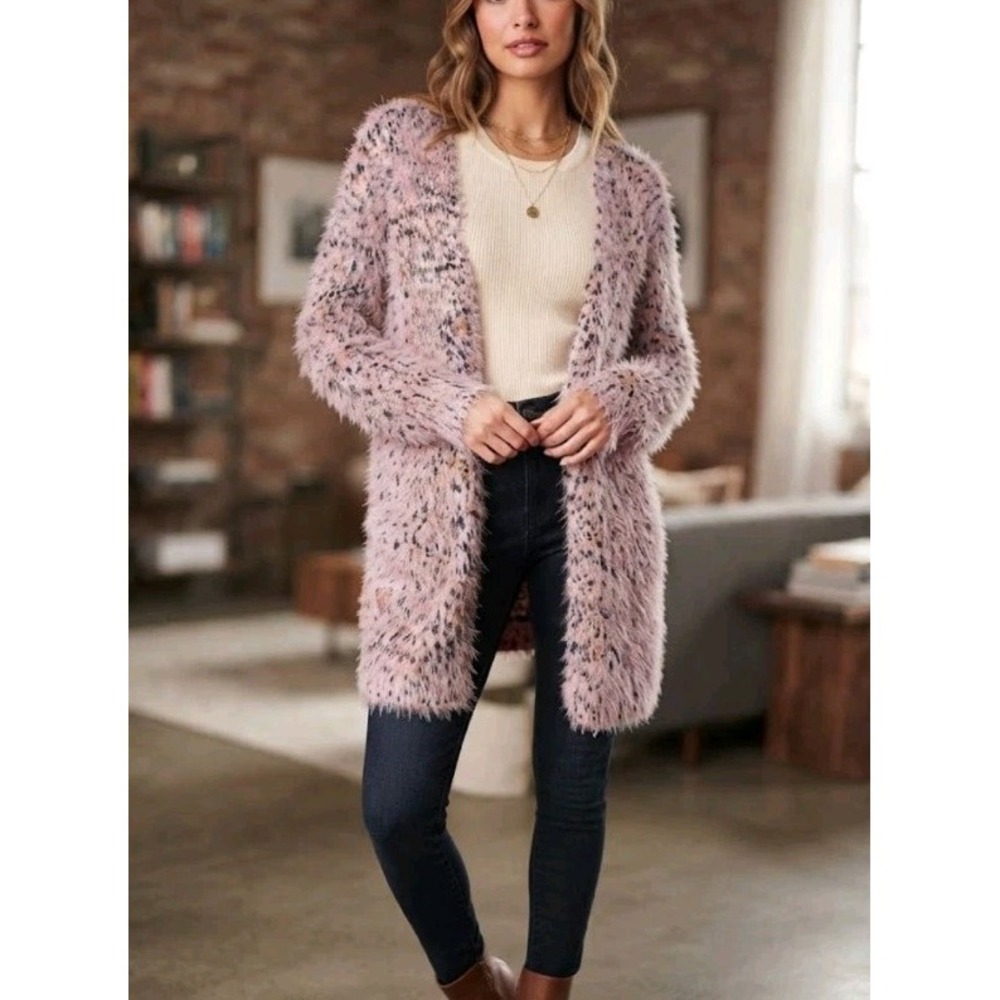 Luna Moon Women M Fuzzy Cardigan Sweater Pink Multi Color Shaggy Open Front Coat
